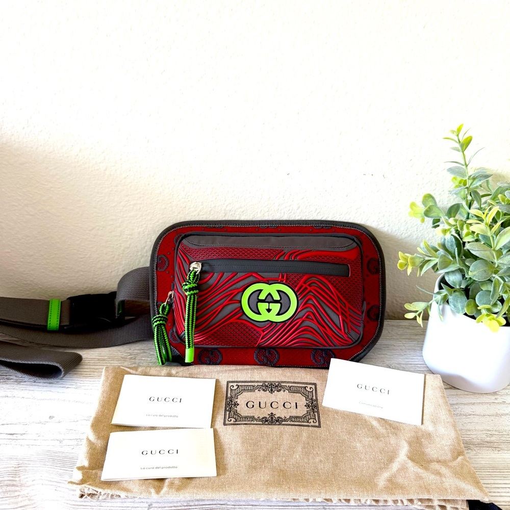 New Gucci Jersey GG Allov Pan Sport Belt bag, Red grey, size 100